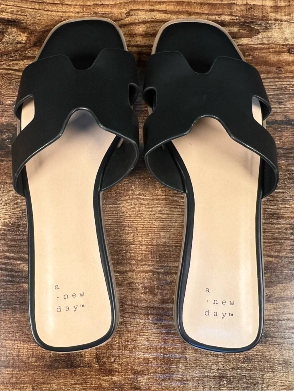 A New Day Sandals Slides Black Faux Leather Slip On Women's 8.5